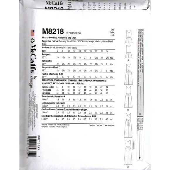 McCall's M8218 Misses 6 to 14 Jumpsuit, Romper and Belt Uncut Sewing Pattern - Picture 2 of 2